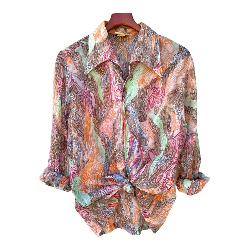 Avanti Collection Vintage Semi Sheer Colorful Print Button Down Top Sz Large